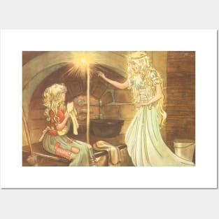 Vintage Fairy Tale, Cinderella in Rags and Fairy Godmother with Magic Wand Posters and Art